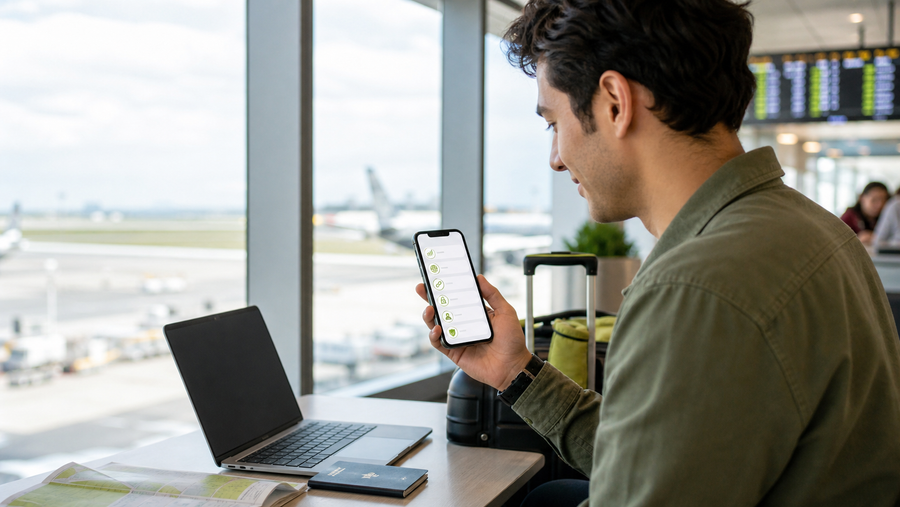 Traveler reviewing a six-point eSIM buying checklist before an international trip