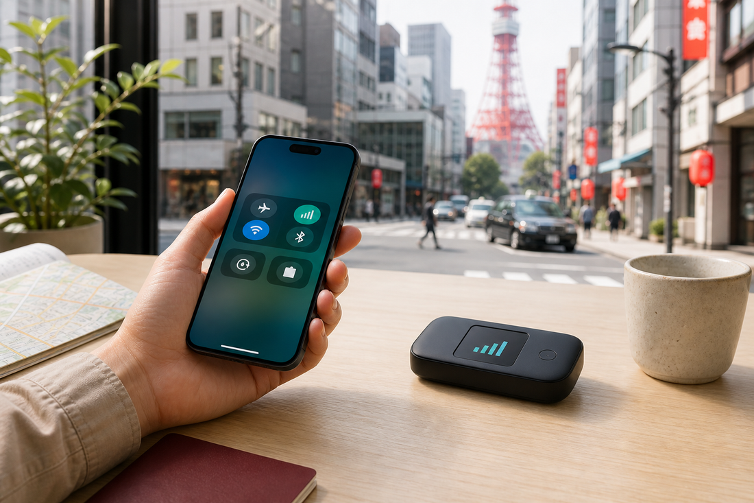 Traveler comparing an eSIM and pocket Wi-Fi for a Japan trip