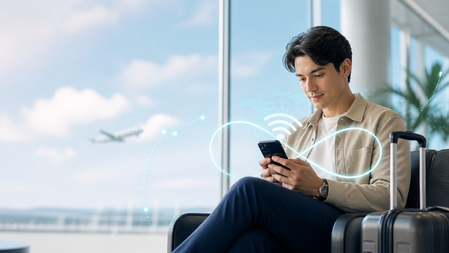 Traveler reviewing unlimited data eSIM terms on a phone at an airport