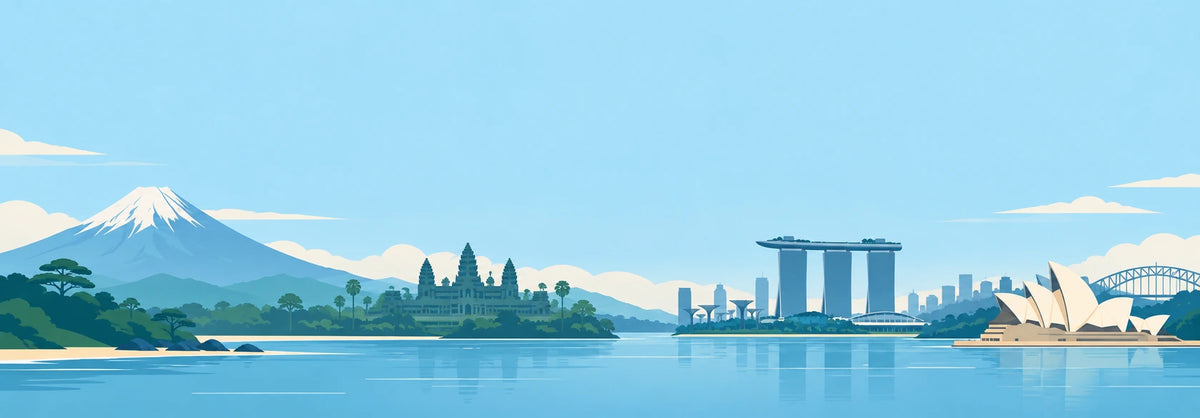 Asia and Oceania travel illustration with Mount Fuji, Angkor Wat, Marina Bay Sands and Sydney Opera House
