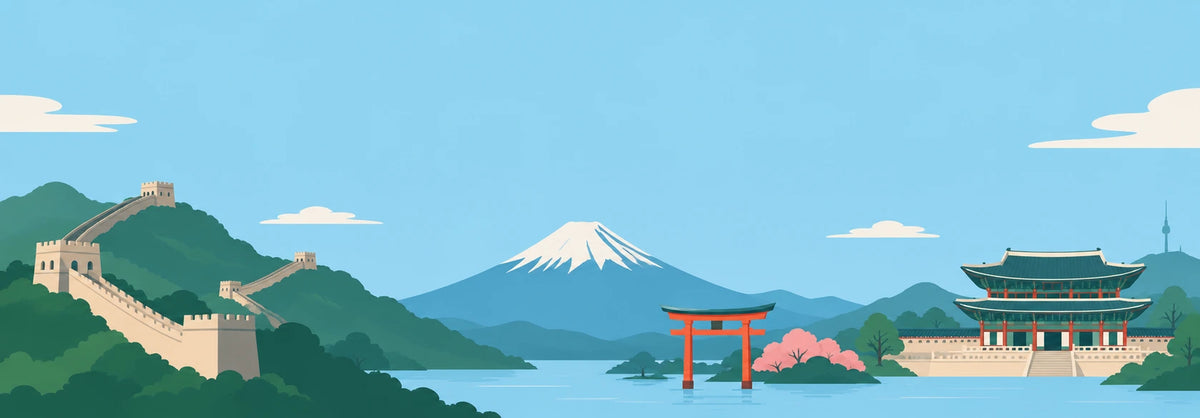 China, Japan and South Korea travel illustration with the Great Wall, Mount Fuji and Gyeongbokgung Palace