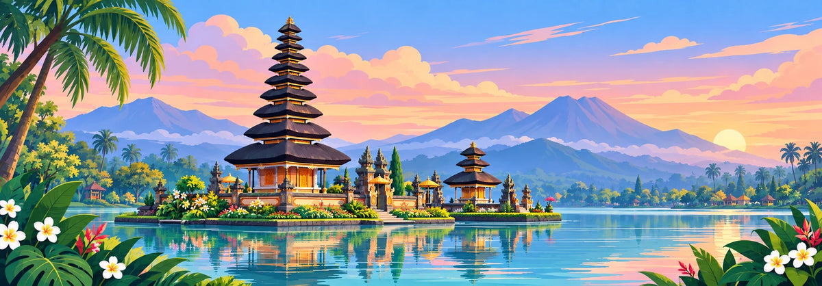 Indonesia travel illustration with destination landmarks and city scenery