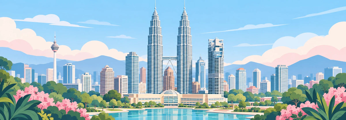 Malaysia travel illustration with destination landmarks and city scenery