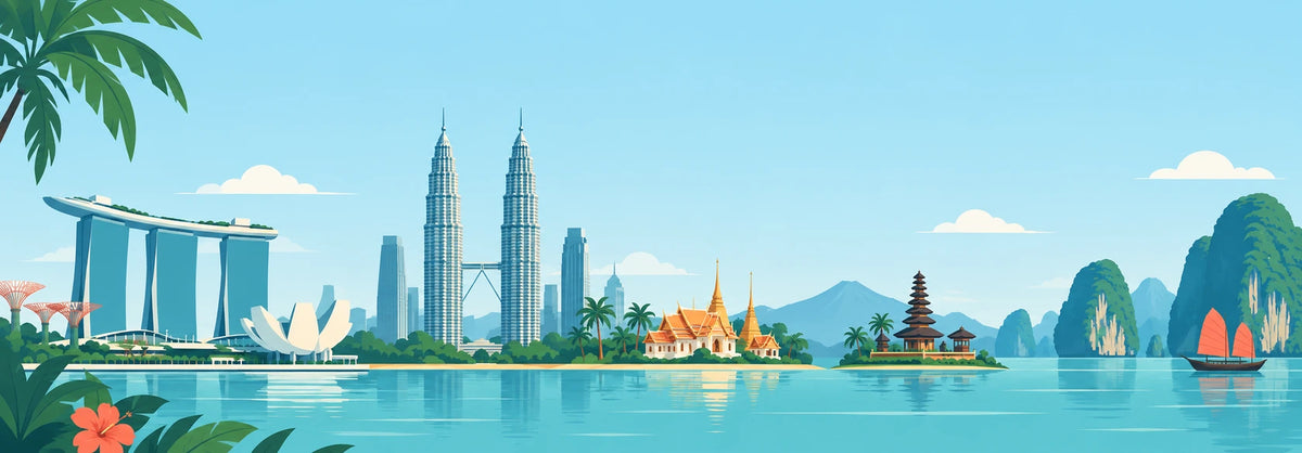 Southeast Asia travel illustration with Marina Bay Sands, Petronas Twin Towers, a Thai temple and Vietnamese limestone islands