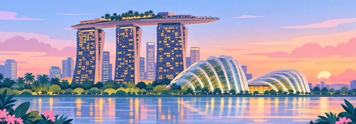 Singapore travel illustration with destination landmarks and city scenery